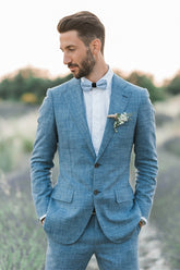 Casual Ocean Blue Linen Summer Beach Groom Wedding Suits (Man Blazer Tuxedo)