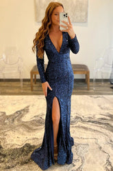 Navy Sequins Mesh Evening Dress with Mermaid Glitter and Backless Design for Prom