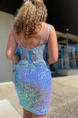 Sparkly Blue Corset Sequins Tight Short Homecoming Dress/Mini Dress with Lace
