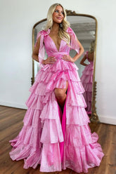 Pink Ruffled Prom Dress with Deep V Neckline in A-Line Style