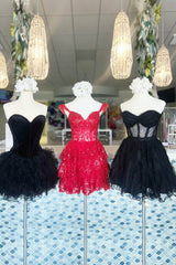 Black Corset Sweetheart A-Line Short Tulle Homecoming Dress/Mini Dress
