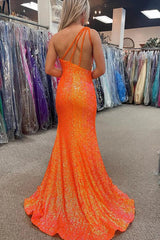 One Shoulder Long Prom Dress with Sparkly Orange Sequins and Fringes in Mermaid Style