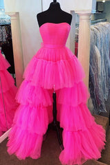 Elegant Fuchsia Prom Dress with High Low Hem and Ruffled Strapless Design