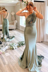 Light Green Mermaid Bridesmaid Dress with Deep V Neck and Open Back