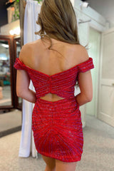 Sparkly Red Sequins Open Back Tight Short Homecoming Dress/Mini Dress with Slit
