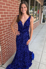 Long Prom Dress with Sequins in Mermaid Blue V-Neck