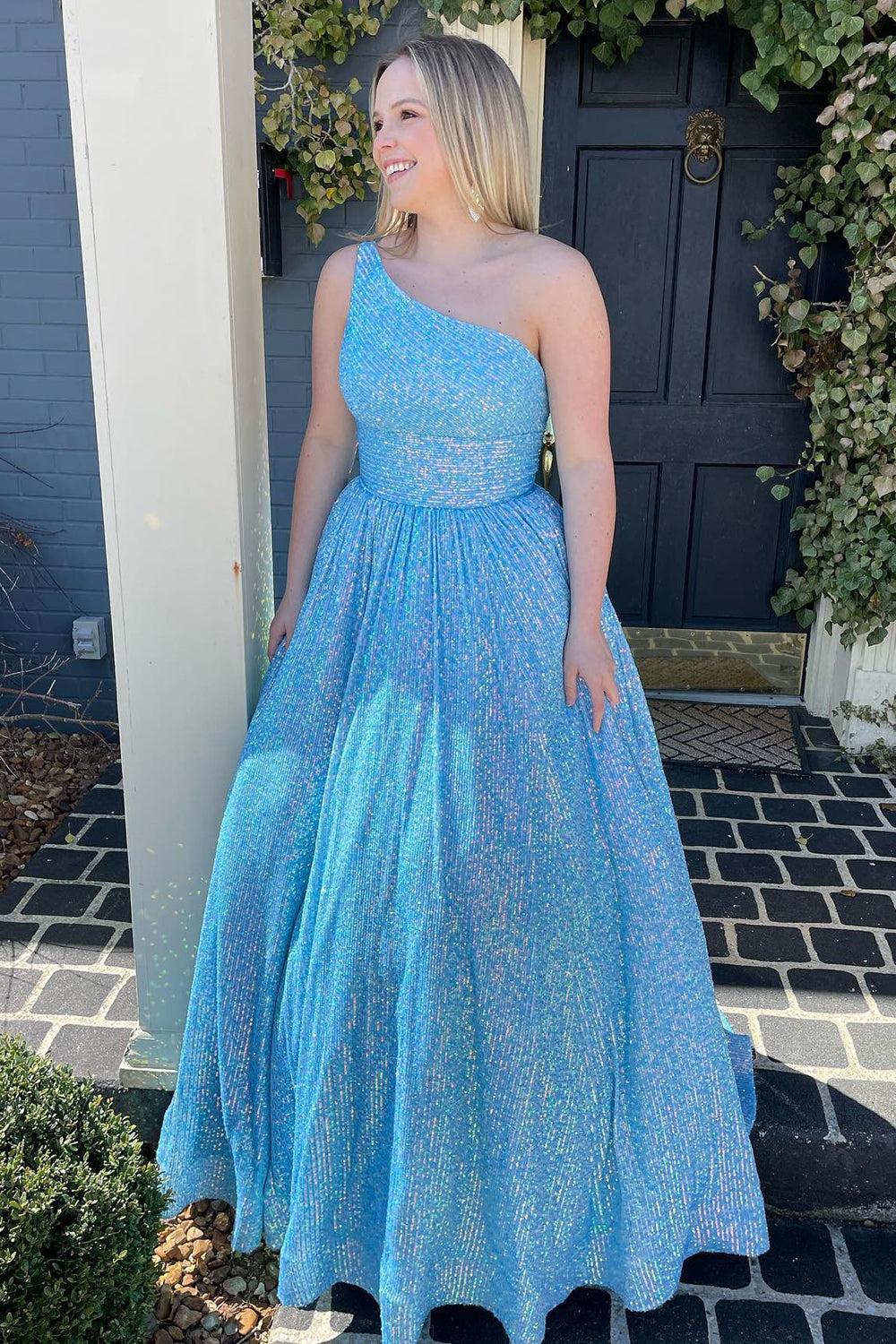Light Blue Sparkly Plus Size A Line Prom Dress with One Shoulder and Sequins