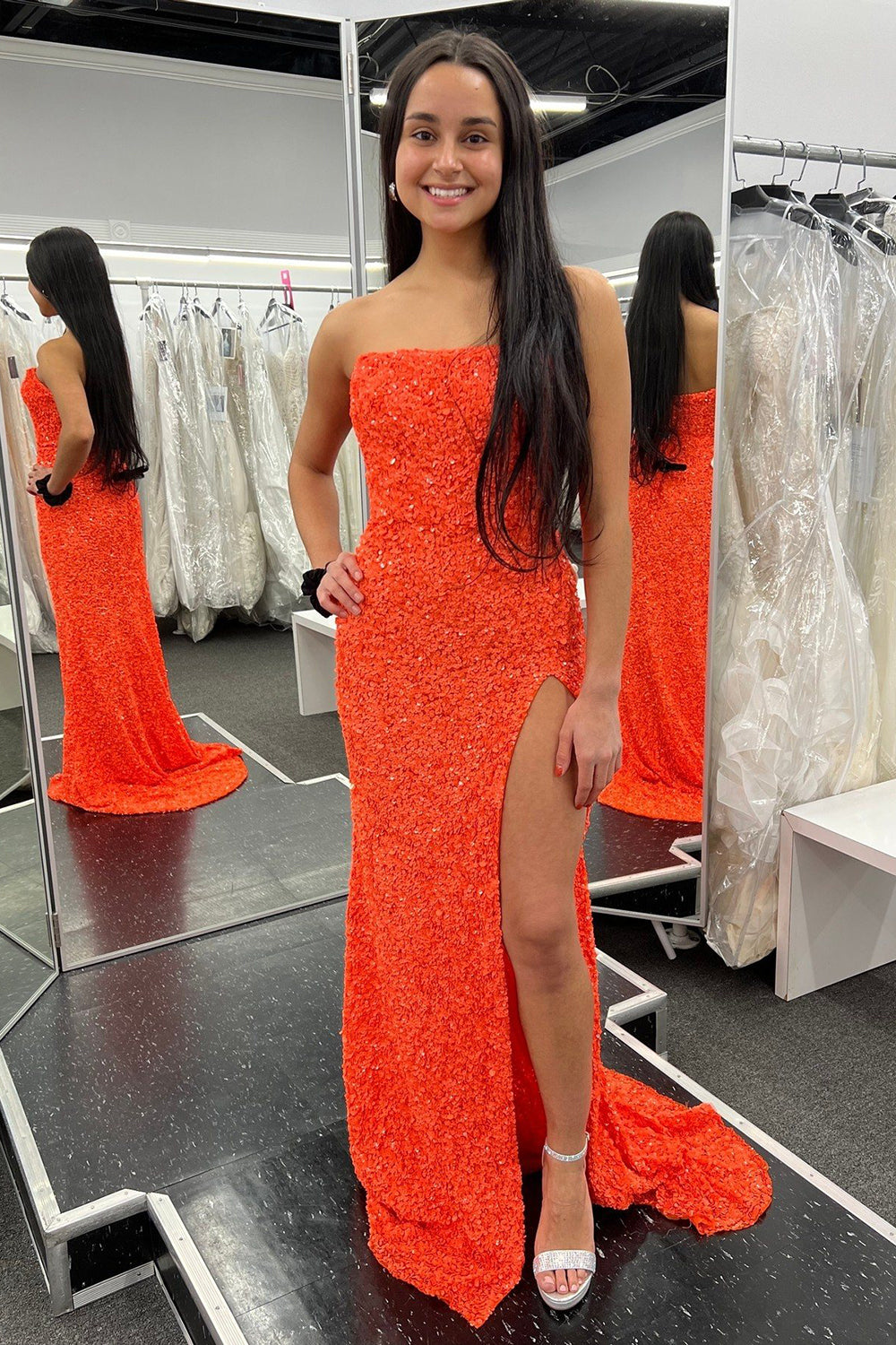 Long Orange Sequined Strapless Prom Dress with Front Split Sheath