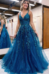 Long Blue Glitter A-Line Prom Dress with Lace