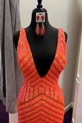 Orange Sequins Long Prom Dress with Deep V Neck and Open Back in Mermaid Style