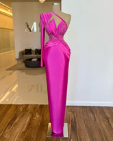 Noble Fuchsia One Shoulder Long Sleeve Mermaid Evening Dress With Beads