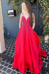 Red Long A-Line Prom Dress with Spaghetti Straps and Beading