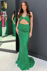 Long Green Sequined Prom Dress with Cut Out and Mermaid Halter
