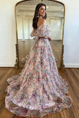 Elegant Off-the-Shoulder Pink Floral Corset Prom Dress with A-Line Silhouette and Sweep Train