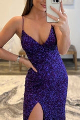 Long Mermaid Prom Dress with Purple Sequins