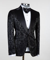 Formal Bespoke Black Peaked Lapel Three-Piece Jacquard Men's Suits