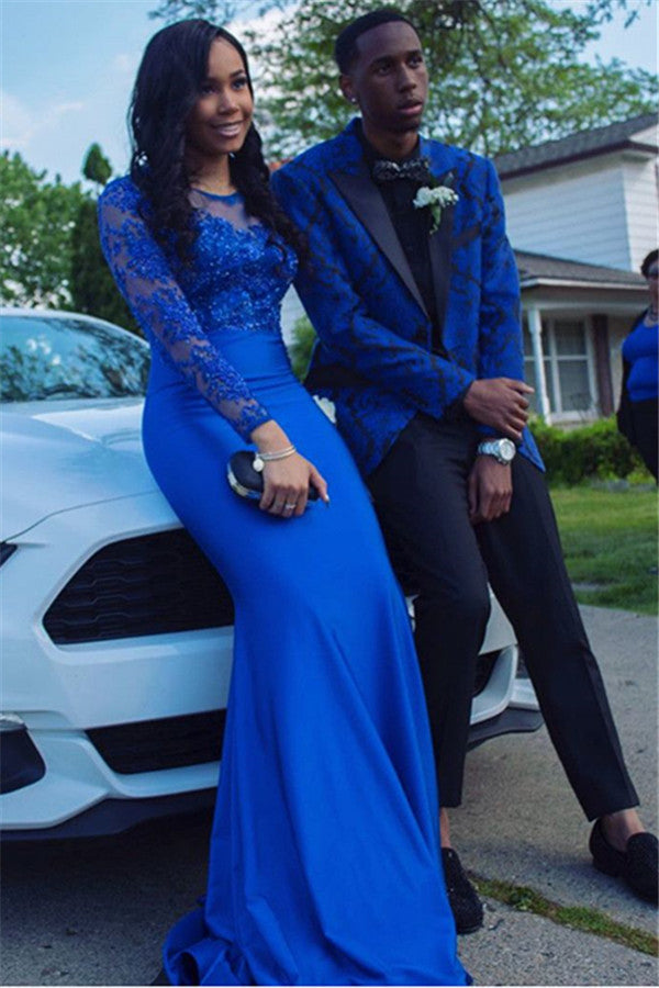 New Arrival Black Lapel Royal Blue Jacquard Homecoming Prom Suits