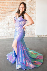 Elegant Lilac Sequined Mermaid Prom Dress with Spaghetti Straps and Front Split