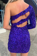 Purple Cut Out Open Back One Shoulder Sequins Homecoming Dress/Mini Dress