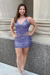 Sparkly Purple Sequin V-Neck Tight Short Homecoming Dress/Mini Dress