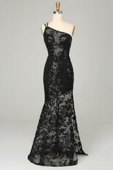 Black Sequined Long Prom Dress with One Shoulder Sheath and Front Split