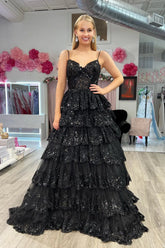 Black Lace Corset Prom Dress with Spaghetti Straps and Ruffles