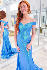 Sequined Blue Mermaid Prom Dress with Off-Shoulder Design