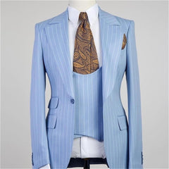 Gorgeous Blue Stripe Three-Piece Groomsmen Tuxedos Peaked Lapel