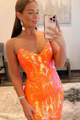 Long Prom Dress with Sparkly Orange Sequin Sweetheart Neckline and Lace-Up Back