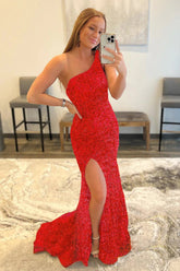 Red Sequined One-Shoulder Prom Dress with High Slit