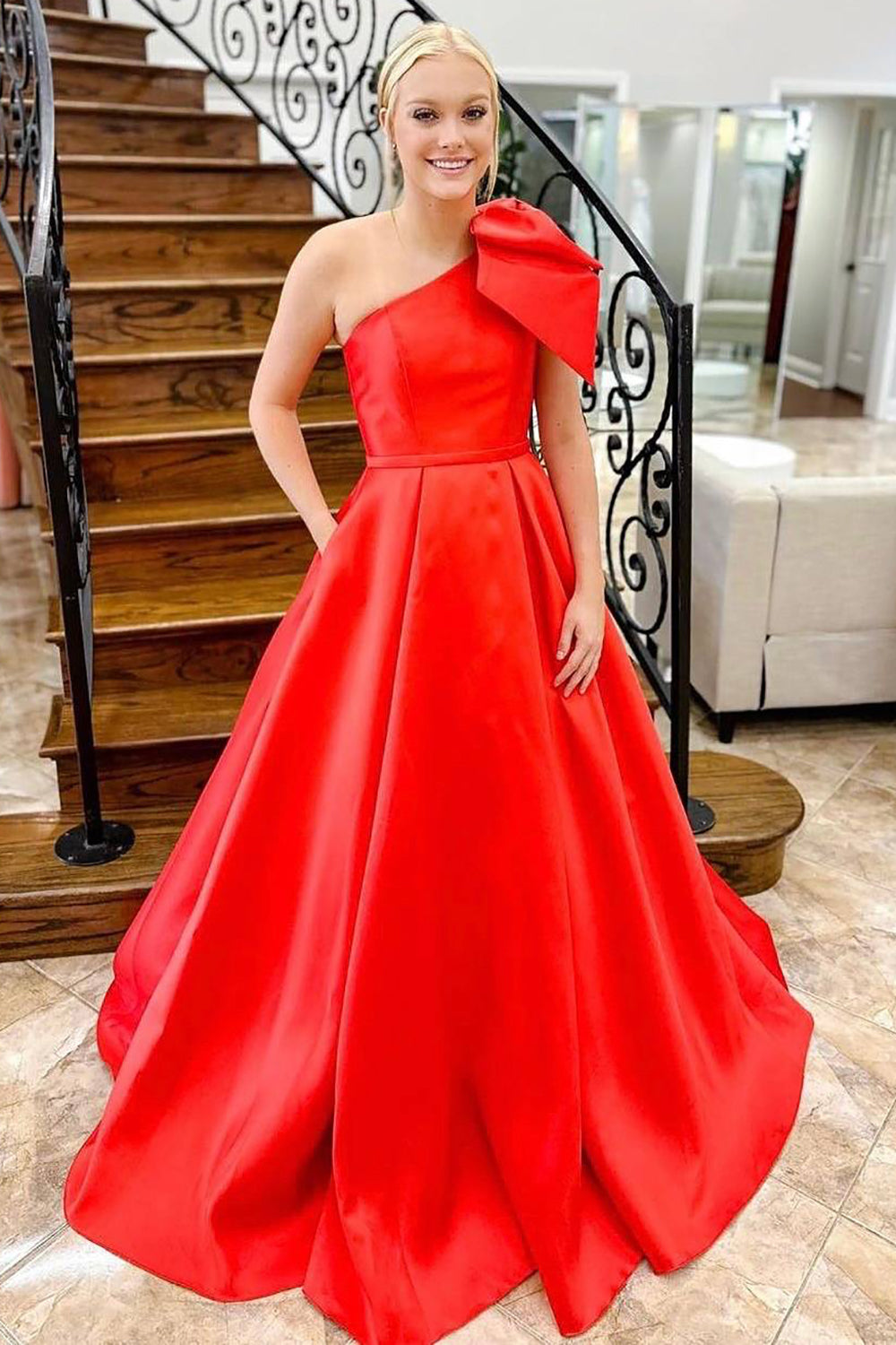 Red One-Shoulder A-Line Prom Dress with Bowknot Gift of Love