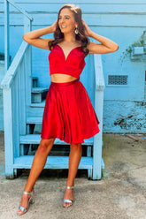 Two Piece Red Short Homecoming Dress/Mini Dress with Bowknot