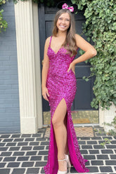 Fuchsia Sequined Long Prom Dress with Mermaid V Neck