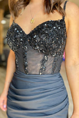 Glitter Black Corset Satin Asymmetrical Tight Short Homecoming Dress/Mini Dress with Sequins