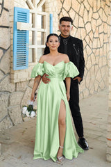 Off-The-Shoulder Dusty Blue Puff Sleeves Evening Dress With Front Split Sweetheart