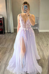 Elegant Light Purple Long Prom Dress with Deep V Neck and Appliques in A-Line Silhouette