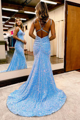 Long Backless Prom Dress with Sparkly Blue Mermaid Sequins