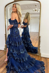 Elegant Navy Mermaid Prom Dress with Off-Shoulder Lace Ruffles