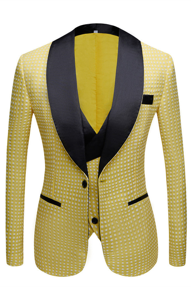 Unique Yellow Dot Slim Fit Wedding Suit for Men with Shawl Lapel