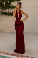 Halter V Neck Sleeveless Long Mermaid Formal Dress With Appliques