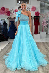 Long Sky Blue Sparkly Prom Dress with Beading in A-Line One-Shoulder Style