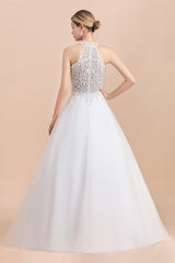 Glamorous Jewel Neck Sleeveless Tulle Lace A-Line Wedding Dresses