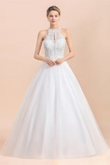 Glamorous Jewel Neck Sleeveless Tulle Lace A-Line Wedding Dresses