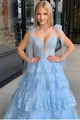 Blue Princess Corset Prom Dress with Tiered Spaghetti Straps and Appliques