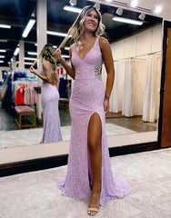Long Lilac Prom Dress with V Neck Front Split and Sequins