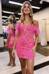 Sparkly Blue Lace Sequined Tight Short Homecoming Dress/Mini Dress with Feathers