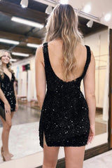 Sparkly Black Sequined Tight Short Homecoming Dress/Mini Dress with Fringes