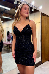Sparkly Black Corset Sequins Tight Sequins Short Homecoming Dress/Mini Dress