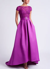 Asymmetrical A-Line Mother of the Bride Dress with Scoop Neck and Short Sleeves