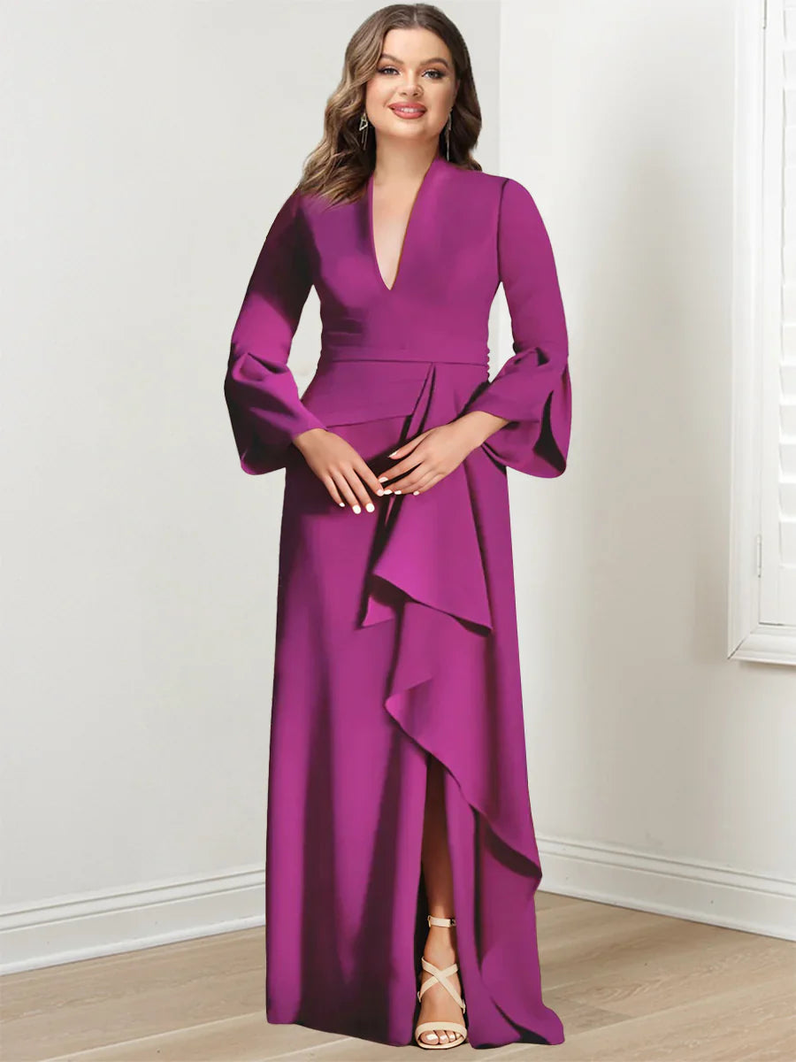 V-Neck Floor-Length Plus Size Mother of the Bride Gown With Side Split and Long Sleeves